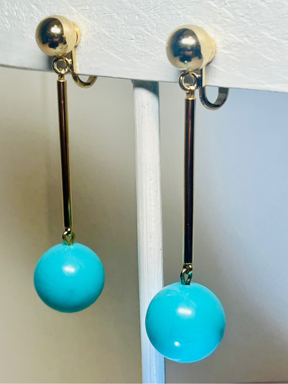 1960s Vintage Bergère SIGNED Retro Drop Earrings | Gold Metal & Aqua Spheres